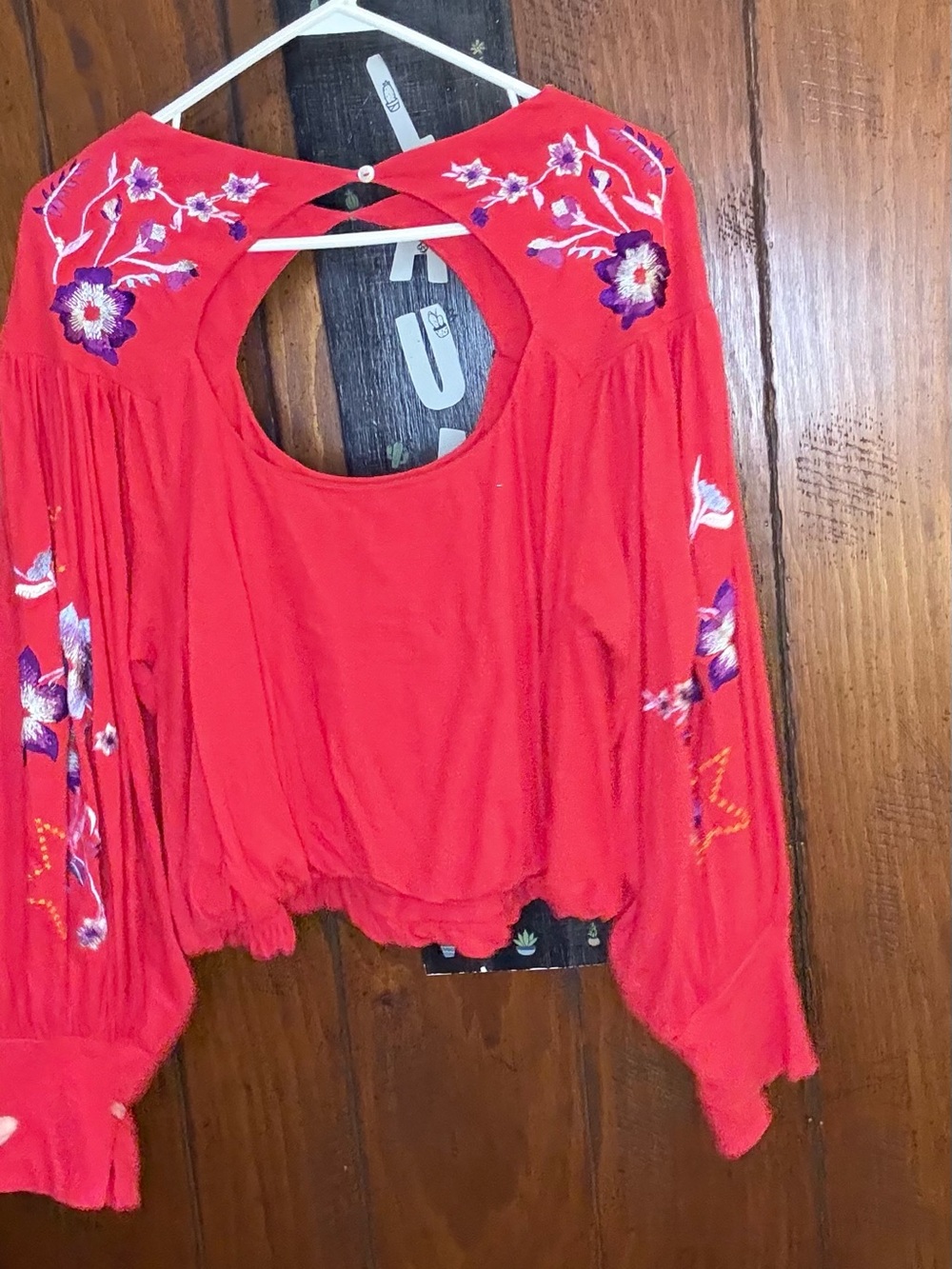 Free People Red Embroidered Open-Back Peasant Blouse